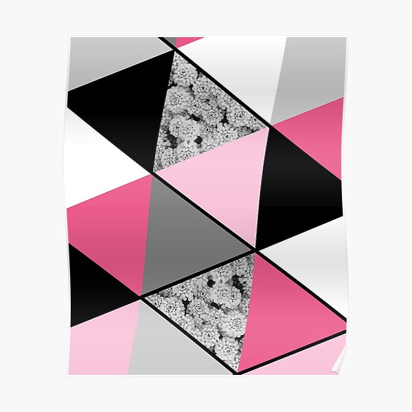 Triangles Black White Pink Grey and Flowers Poster
