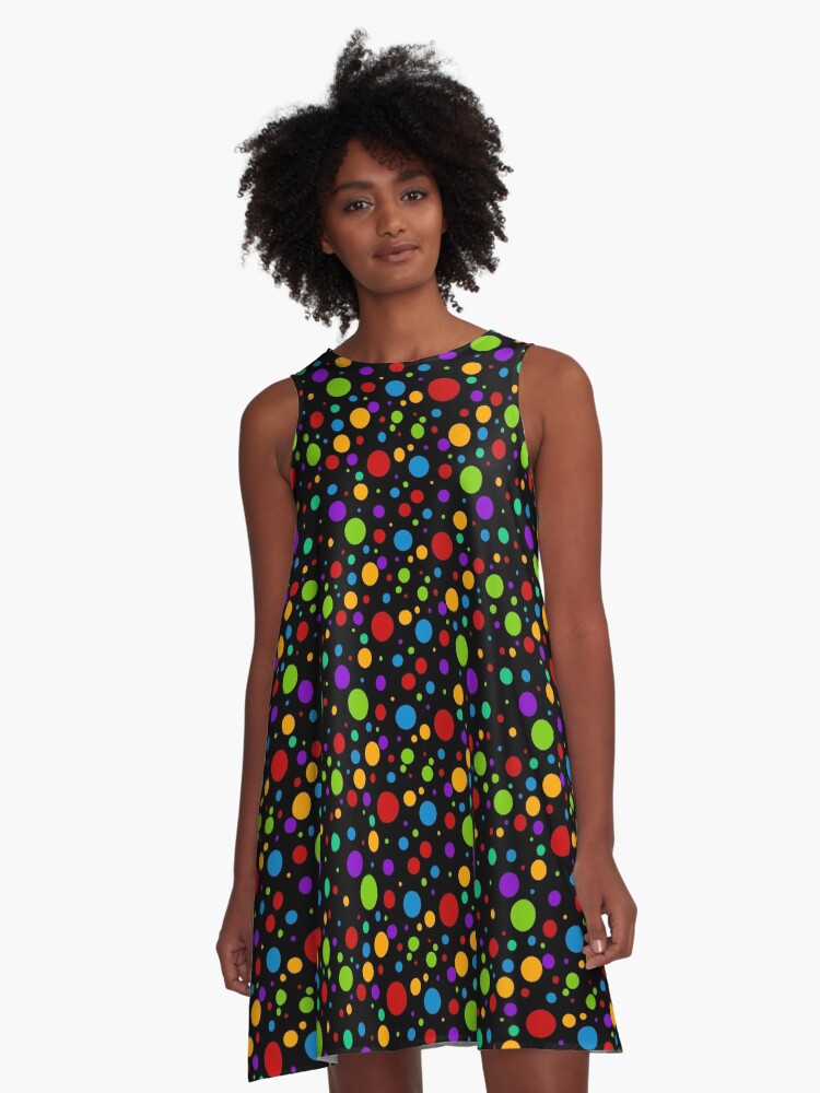 Rainbow Polka Dot on Black A-Line Dress