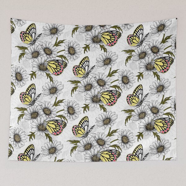 Item preview, Jezebel butterflies and daisy flowers on white designed and sold by Katerina Mitkova Kirilova.