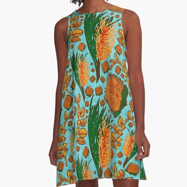 Blue and Orange Native Australian Floral Pattern - CreateArtHistory A-Line Dress
