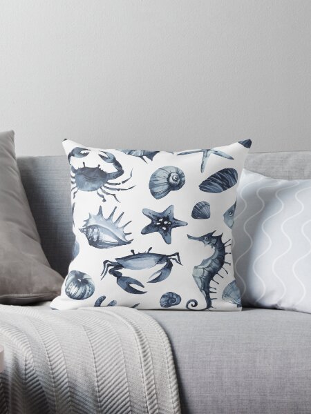 Deep blue Crabs Seahorse Seashell, Starfish Throw Pillow