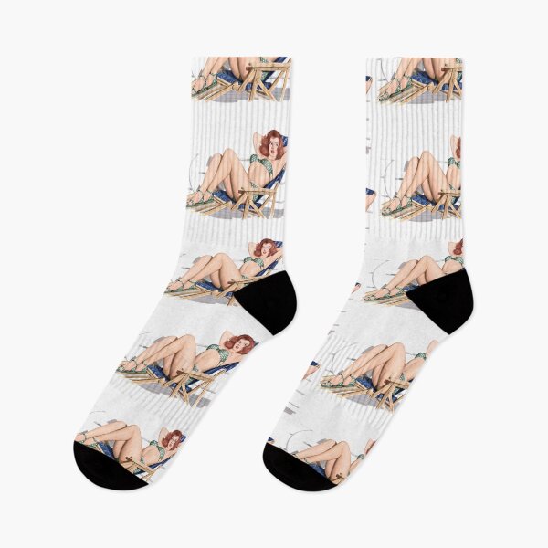 Item preview, Sexy redhead pinup girl in bikini on deck chair designed and sold by headpossum.