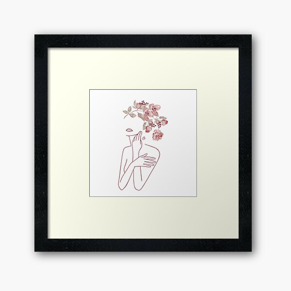 Minimal Line Art Drawing Woman With Roses Flowers III Framed Art Print