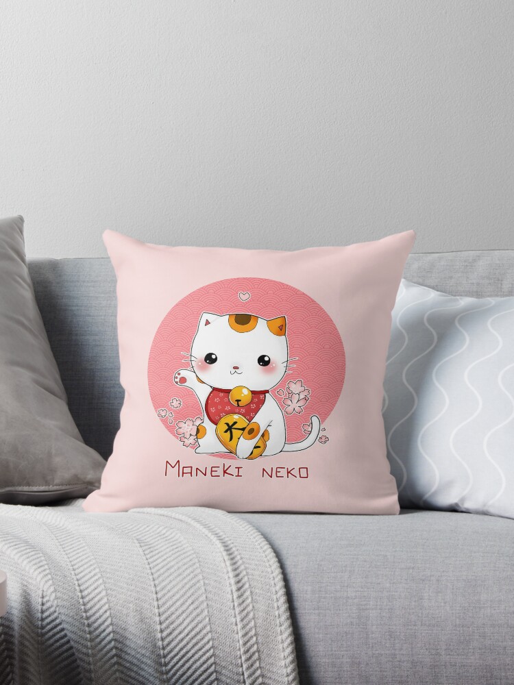 Coussin Maneki Neko Kawaii Japonais Chanceux Chat Par Linkitty Redbubble