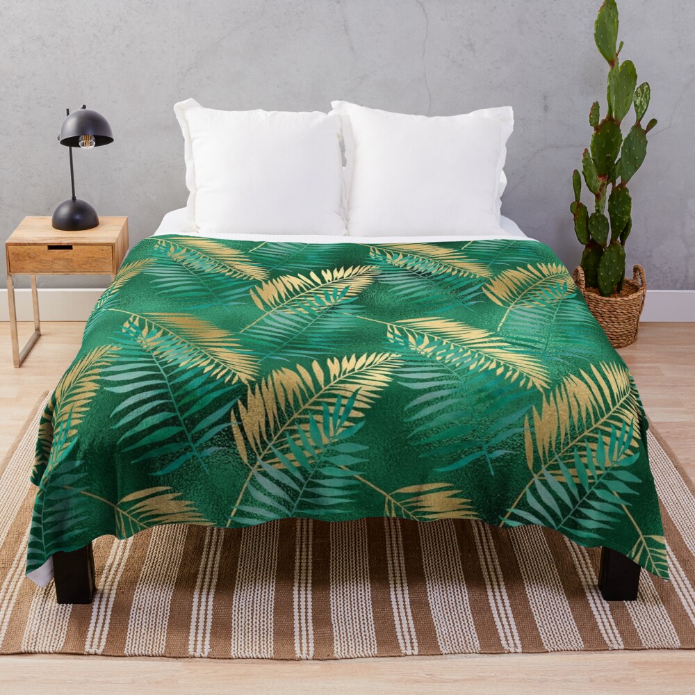 Get The Latest Emerald Green and Gold Tropical Pattern Throw Blanket Bl-W3OH07GH