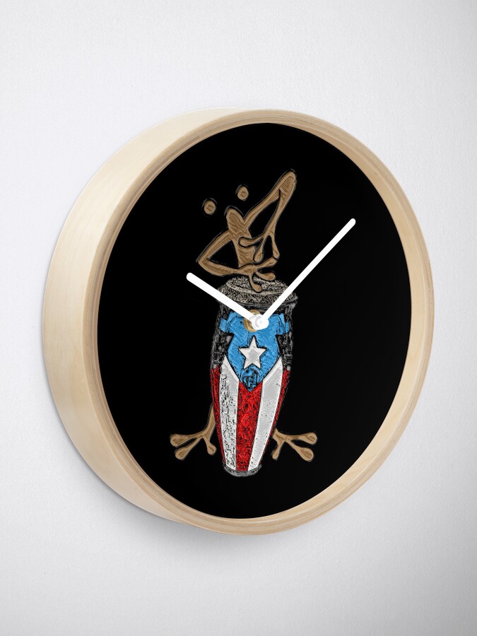 "Coquí Taíno playing the Puerto Rican Flag Conga" Clock for Sale by