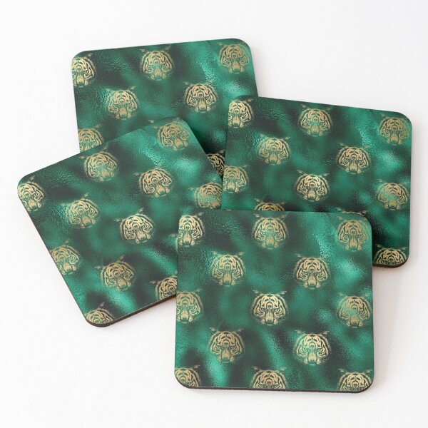 Item preview, Golden Tiger Heads on Emerald Green Background designed and sold by AnastasiaDesign.