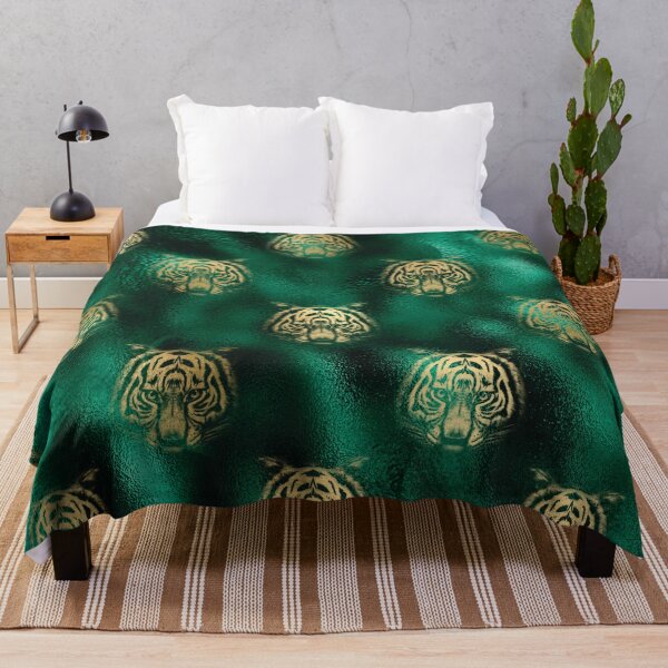 Item preview, Golden Tiger Heads on Emerald Green Background designed and sold by AnastasiaDesign.