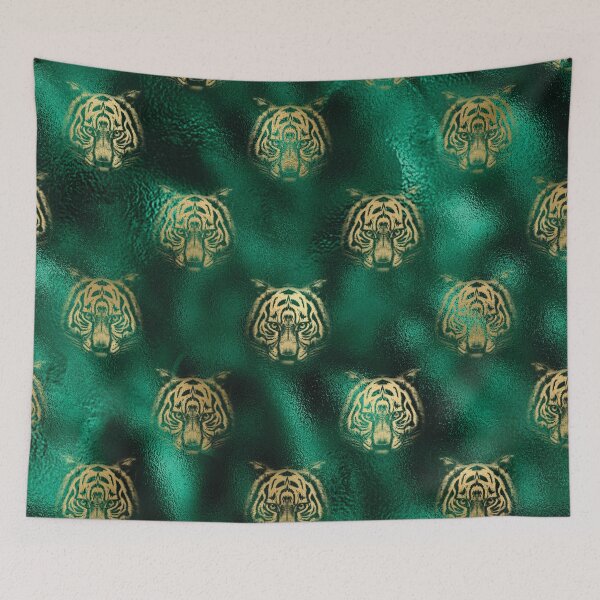 Item preview, Golden Tiger Heads on Emerald Green Background designed and sold by AnastasiaDesign.