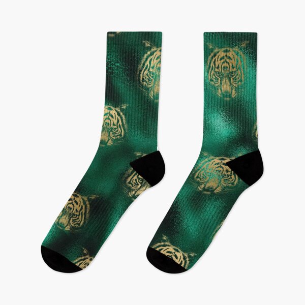 Item preview, Golden Tiger Heads on Emerald Green Background designed and sold by AnastasiaDesign.