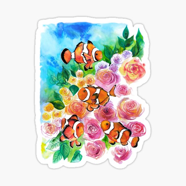 Poisson clown dans un Jardin de roses corail. Univers fantastique et poétique. Sticker