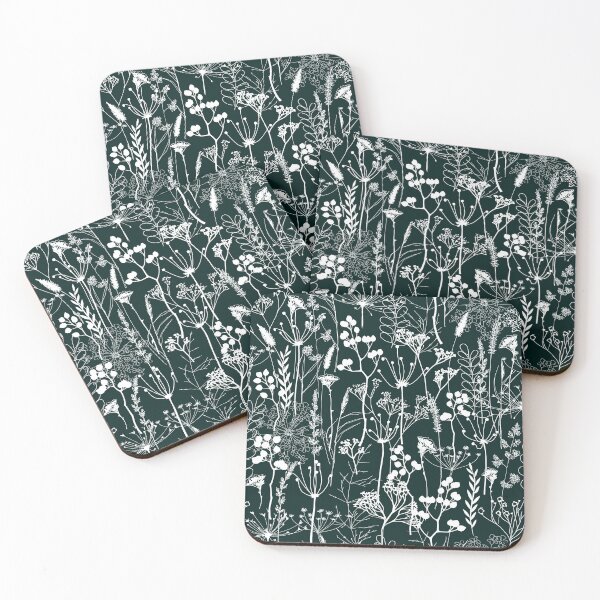 Item preview, White herbal silhouette seamless pattern on very dark blue green. Wild herbs. Wild life designed and sold by Yulia Chepurova.