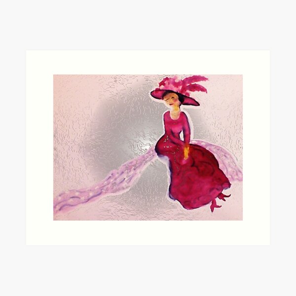 Lady in red with feather hat, watercolor Art Print