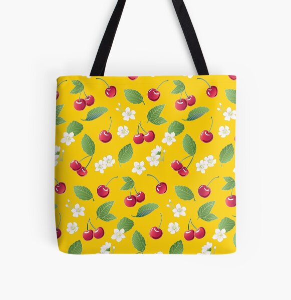 Cherries on Yellow All Over Print Tote Bag