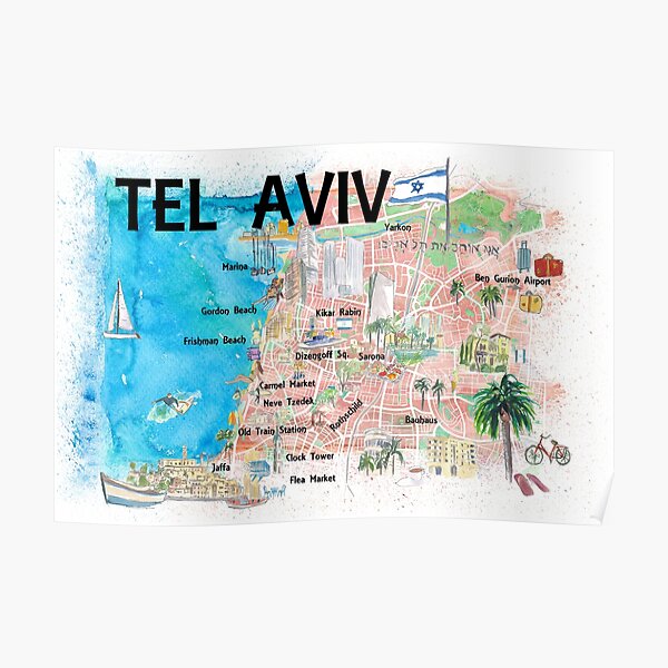 Tel Aviv Israel Illustrated Map with Roads Landmarks and Highlights Poster