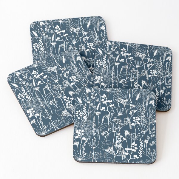 Item preview, White herbal silhouette seamless pattern on dark blue. Wild herbs. Wild life designed and sold by Yulia Chepurova.