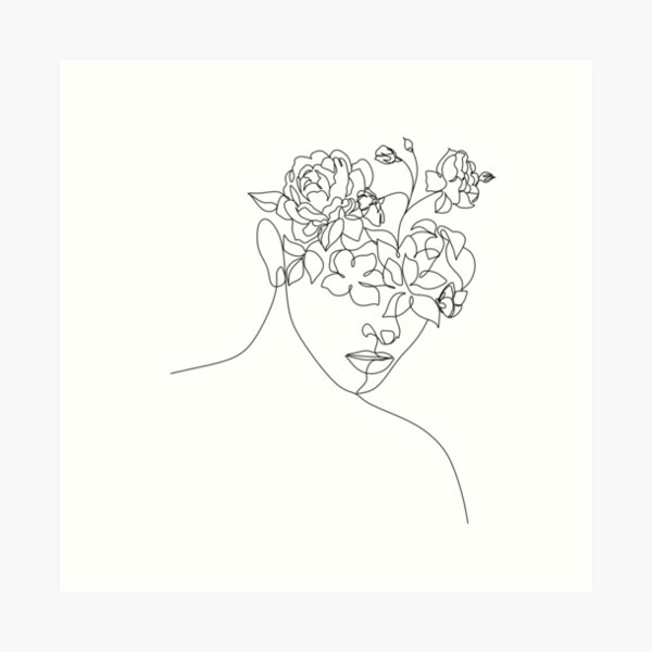 Flower Head Woman Art | Woman With Plants on Head | Flower Woman | Woman With Flower Head | Line Drawing Woman with peony Art Print
