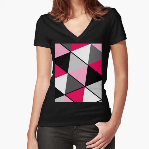 Triangles Black White Pink Grey Fitted V-Neck T-Shirt