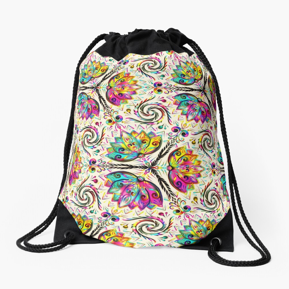 Psychedelic Drawstring Backpack Canvas Sack Bag Black Tribal Print