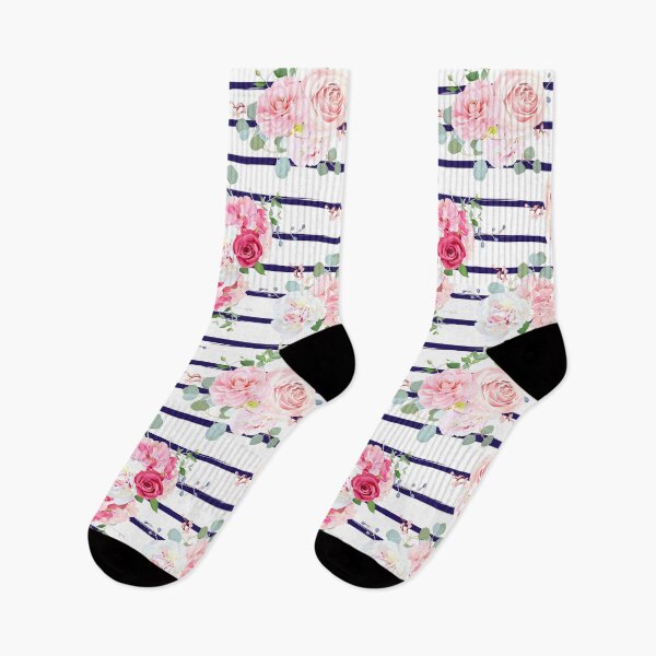 Item preview, Pink Floral Roses & Blue Stripes Pattern designed and sold by newburyboutique.
