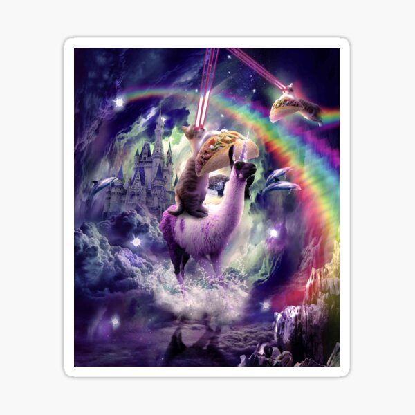 Rainbow Laser Cat On Llama Unicorn Eating Taco Sticker