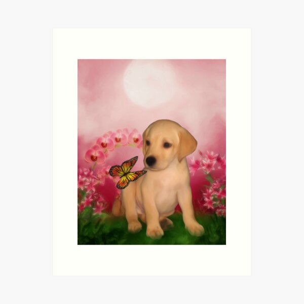 Yellow Labrador Puppy With Butterfly And Flowers Art Print