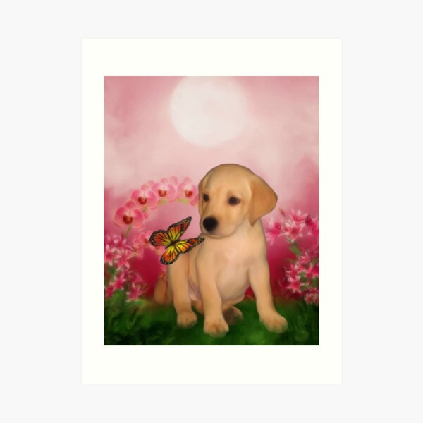Yellow Labrador Puppy With Butterfly And Flowers Art Print
