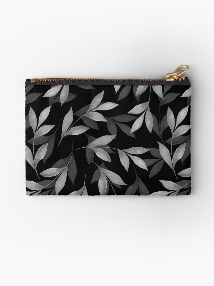 Thumbnail 1 of 4, Zipper Pouch, Black and white pattern of leaves designed and sold by Gribanessa.