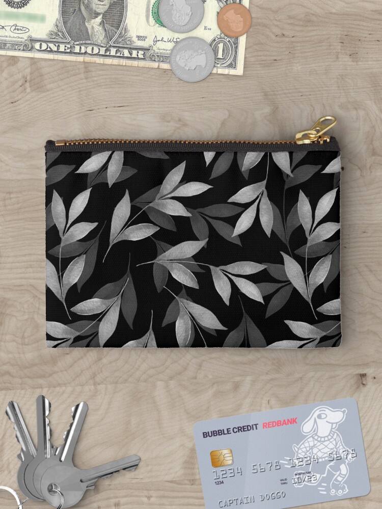 Thumbnail 3 of 4, Zipper Pouch, Black and white pattern of leaves designed and sold by Gribanessa.