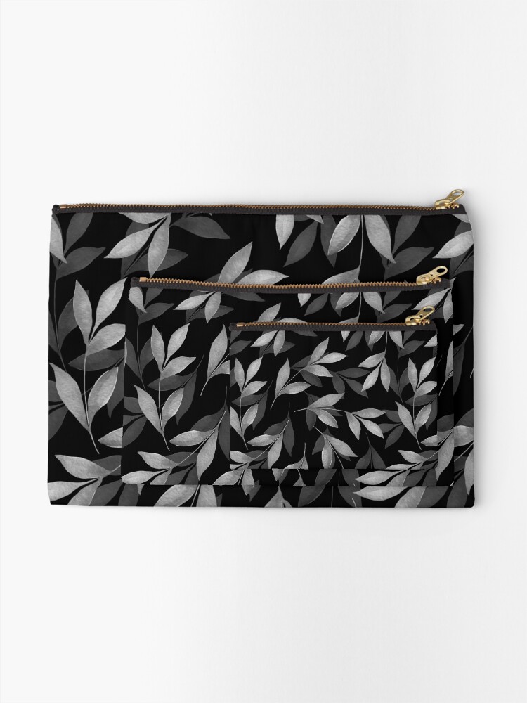 Thumbnail 2 of 4, Zipper Pouch, Black and white pattern of leaves designed and sold by Gribanessa.