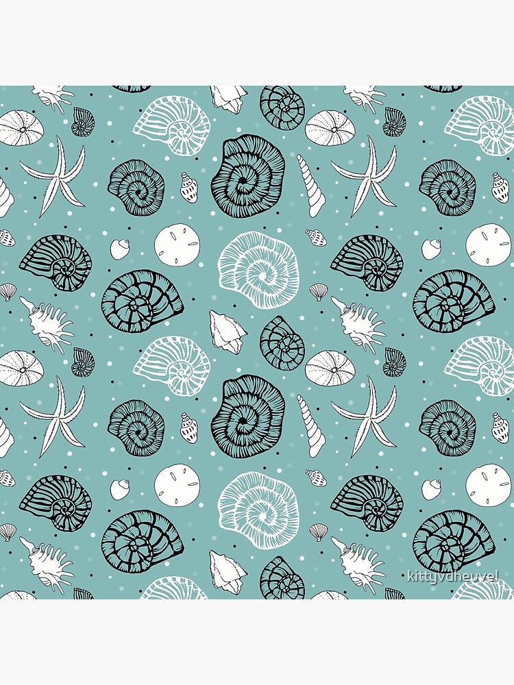 Seashells linocut and drawings combi on light seagreen bg by kittyvdheuvel