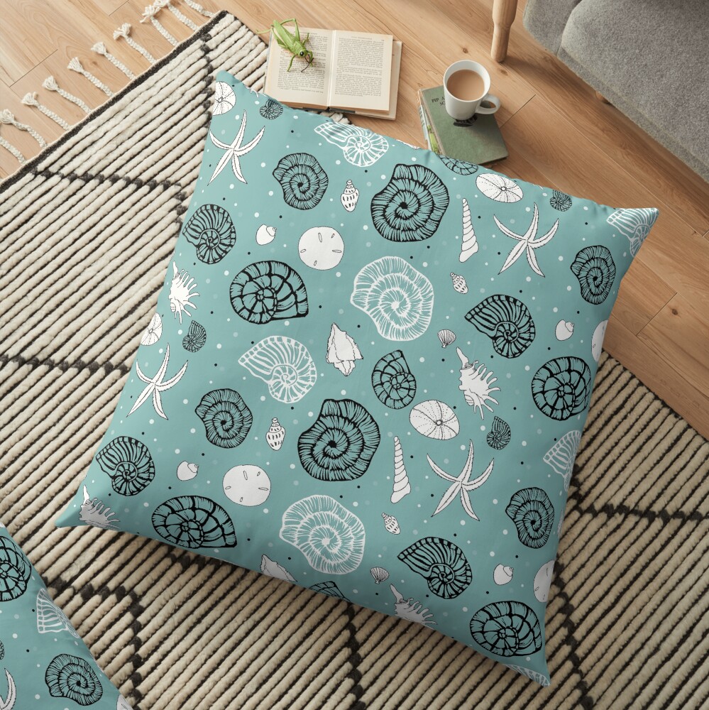 Seashells linocut and drawings combi on light seagreen bg Floor Pillow