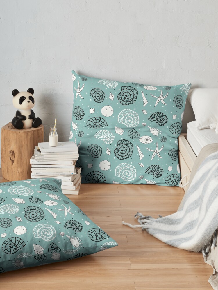 Alternate view of Seashells linocut and drawings combi on light seagreen bg Floor Pillow