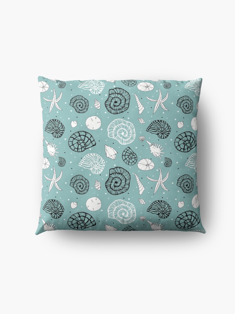 Alternate view of Seashells linocut and drawings combi on light seagreen bg Floor Pillow