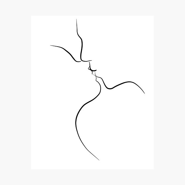 Aperçu de l'œuvre Premier baiser – Dessin au trait noir et blanc d'un couple créée et vendue par Melody Watson.