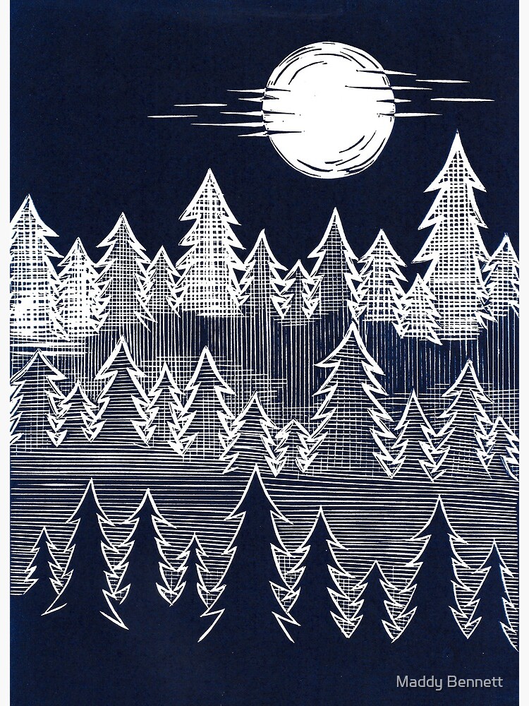 Linocut Print - Mountain & Moon - Large Framed Block Print Wall