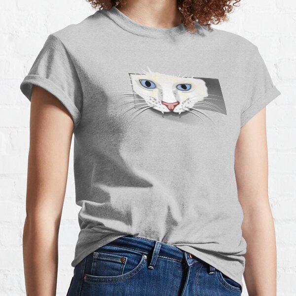 White cat looking through square hole Classic T-Shirt