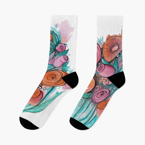 Item preview, My flowers a spring doodle watercolour black ink bloom 60s pink orange  designed and sold by Ga-e-lice.