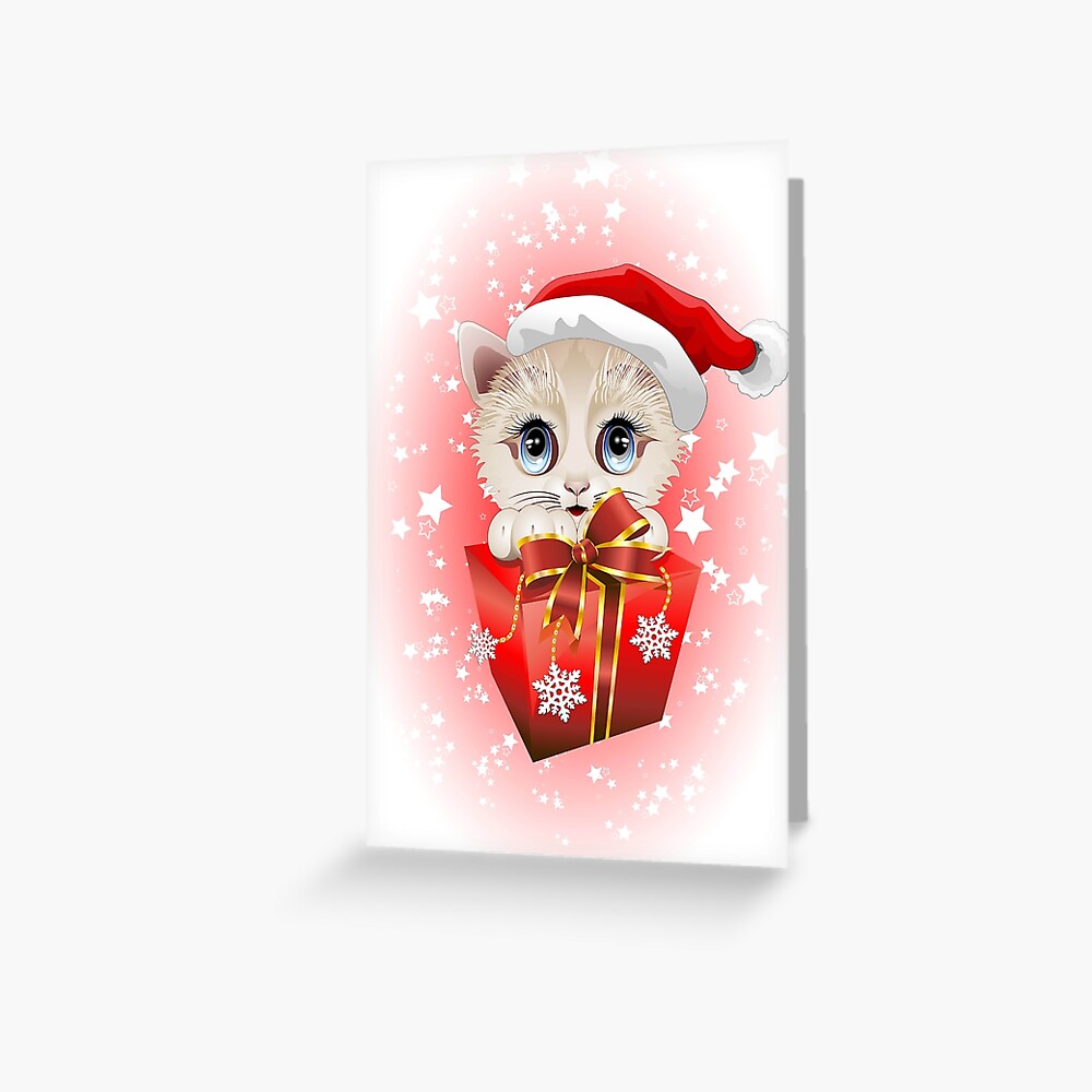 Kitten Christmas Santa with Big Red Gift Greeting Card
