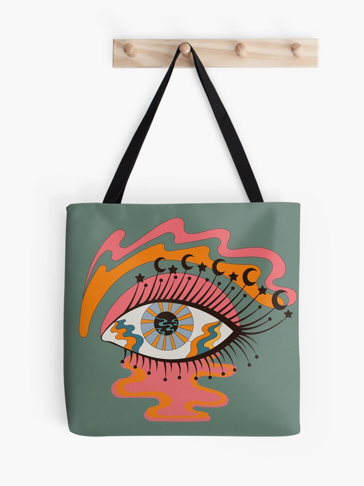 Retro Trippy Mushroom, Eye & Rainbow Hippie Tote Bag