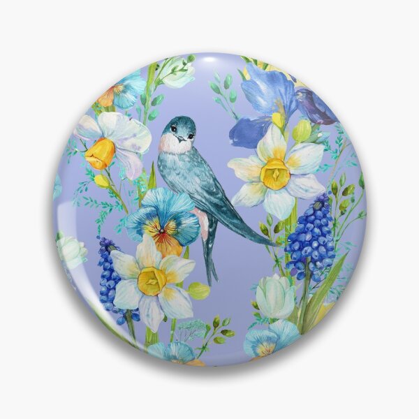 Artikelvorschau, Narzisse, Frühling, Vogel, Aquarell, blau, gelb entworfen und verkauft von mitrushova.