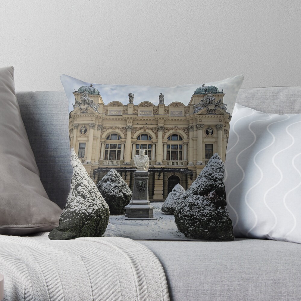Theatre in Krakow under the snow Throw Pillow