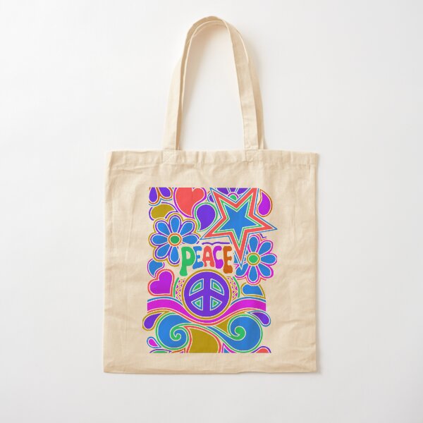 Peace and Love Flowers and Stars Hippie Design Cotton Tote Bag