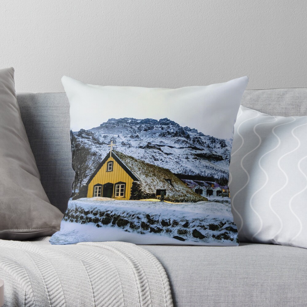 Hofskirkja Turf Church in December Throw Pillow