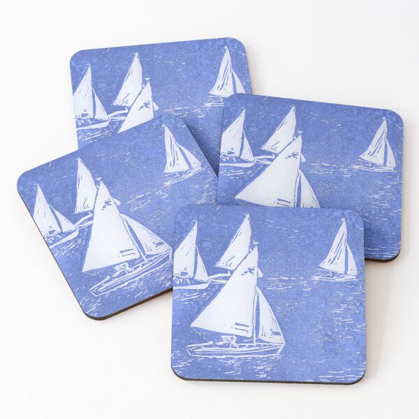Item preview, Lino cut print in blue of Seabird sailing boats off Ravenspoint, Trearddur Bay, Anglesey, in North Wales designed and sold by LymphomaLass.