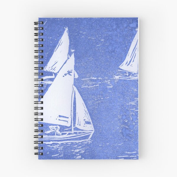 Item preview, Lino cut print in blue of Seabird sailing boats off Ravenspoint, Trearddur Bay, Anglesey, in North Wales designed and sold by LymphomaLass.