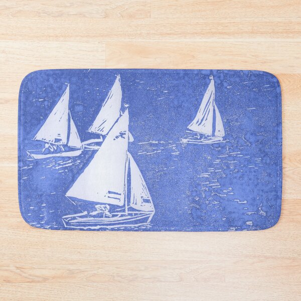 Item preview, Lino cut print in blue of Seabird sailing boats off Ravenspoint, Trearddur Bay, Anglesey, in North Wales designed and sold by LymphomaLass.