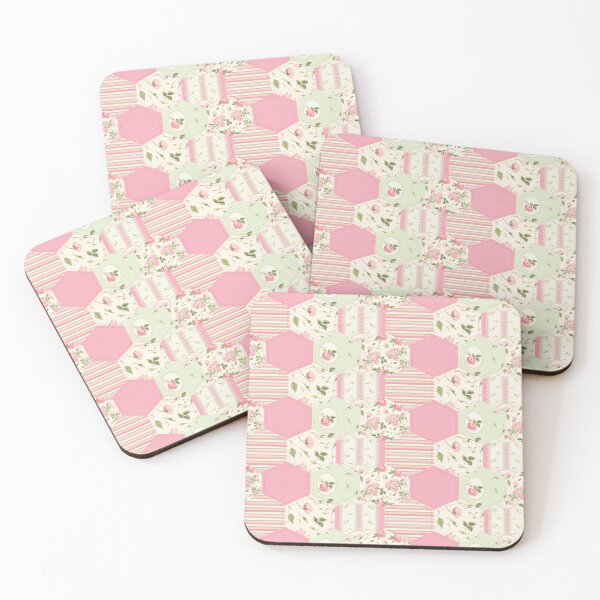 Item preview, Hexagon Patchwork with pink roses on mint green background designed and sold by cameo-ab.