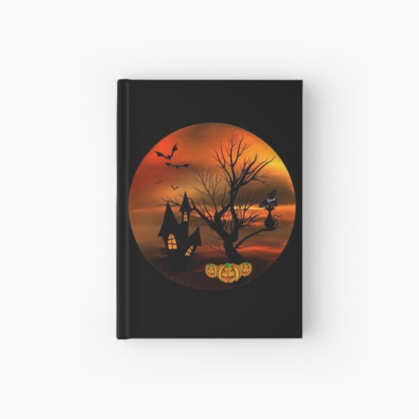 Halloween Katze mit Zauberhut in einem blattlosen Baum, leuchtende Kürbisse, Fledermäuse und eine alte Villa Notizbuch