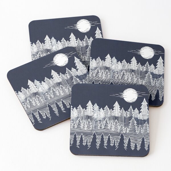 Item preview, Misty, Moonlit Trees Linocut in Blue and White designed and sold by Maddy Bennett.